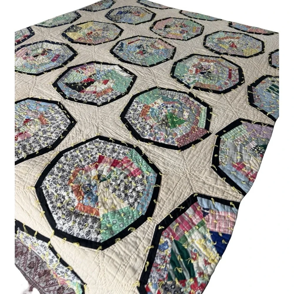 Vintage Handmade Spider Web String Quilt Hand Tied Scrap Patchwork Rare